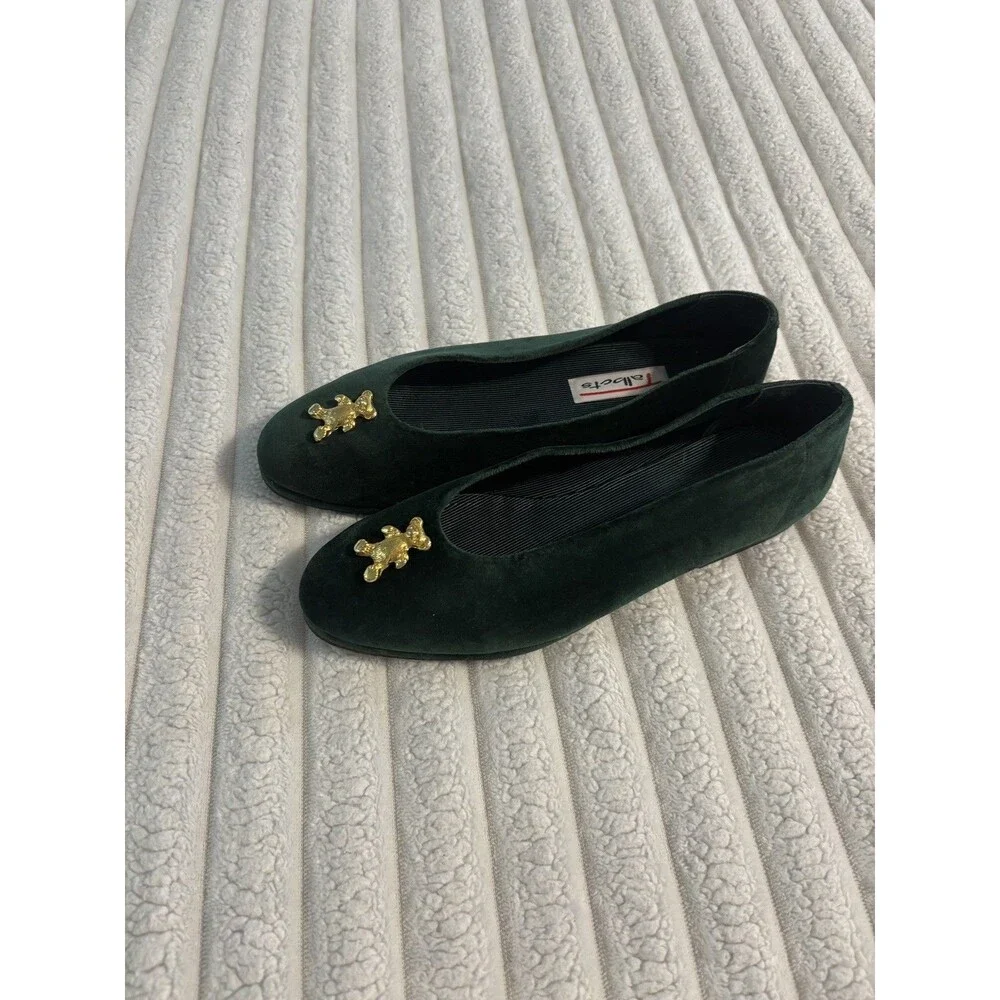 Vintage Talbots Velvet Gold Teddy Bear flats shoes Womens 8 Dark Green old money